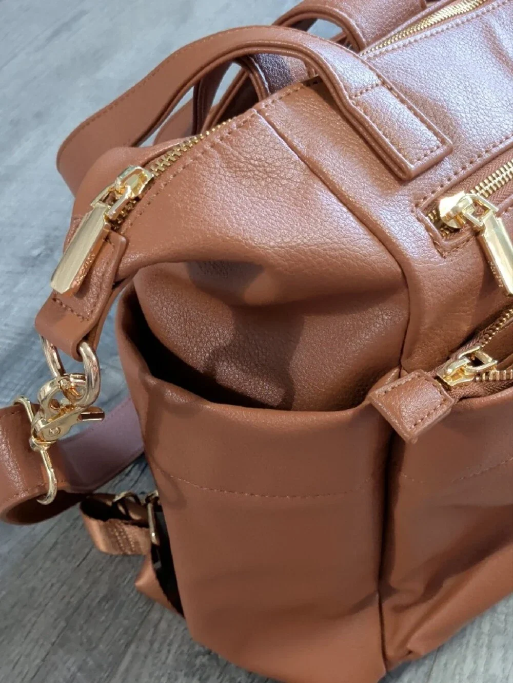 Tan Vegan Leather Baby Diaper Bag Tote Backpack with Multiple Front Pockets